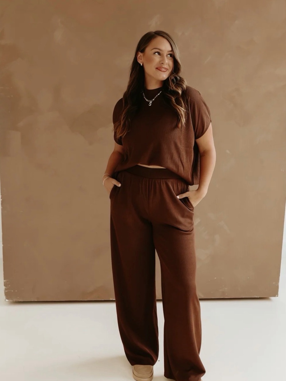 Women's Wide-Leg Knit Pants in Chocolate Brown
